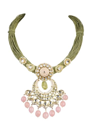 Green Kundan Pendant Necklace Set With Pink Bead Drops And Crescent Moon Motif