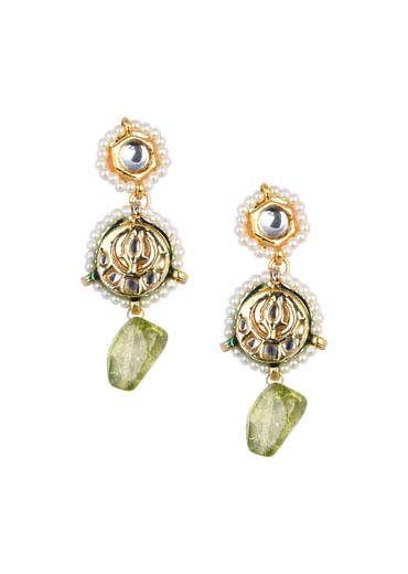Green Kundan Pendant Necklace Set With Pink Bead Drops And Crescent Moon Motif