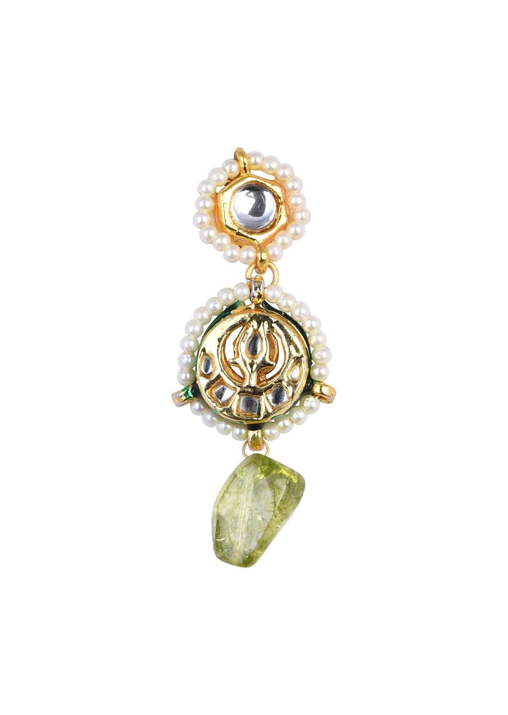 Green Kundan Pendant Necklace Set With Pink Bead Drops And Crescent Moon Motif