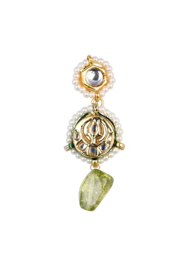 Green Kundan Pendant Necklace Set With Pink Bead Drops And Crescent Moon Motif