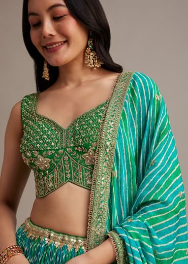 Green Leheriya Lehenga Set With Zardosi And Sequins Work