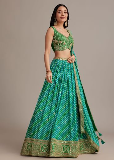 Green Leheriya Lehenga Set With Zardosi And Sequins Work