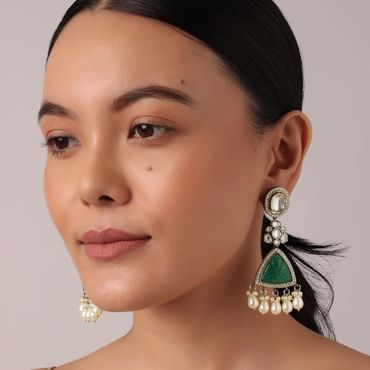 Green Mossainte Polki Danglers With Carved Stones And Pearls