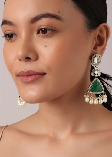 Green Mossainte Polki Danglers With Carved Stones And Pearls