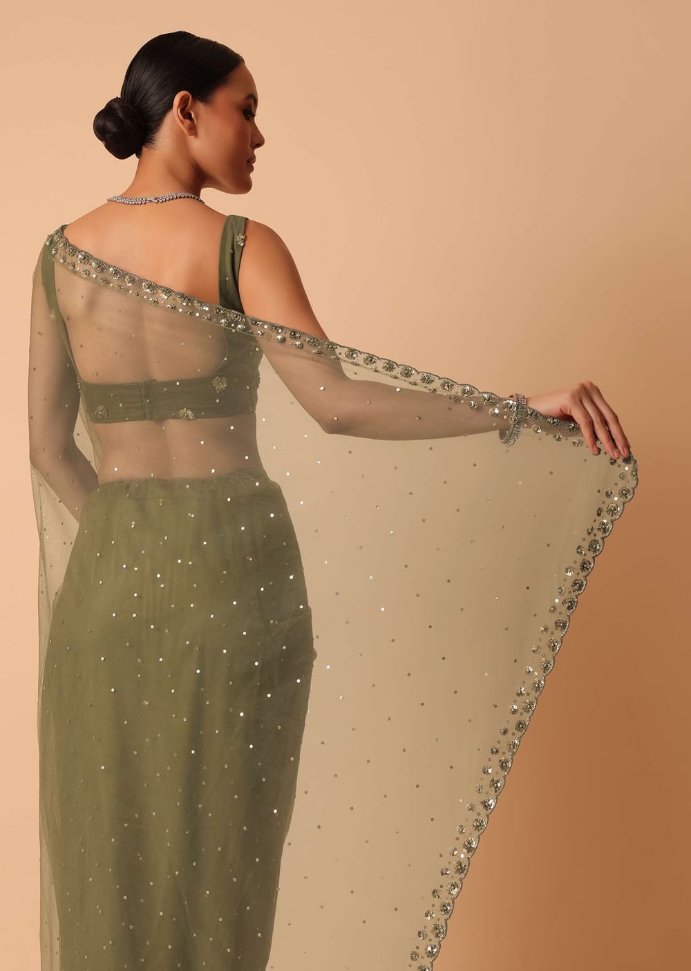 Green Net Saree With Sequin Work And Unstitched Blouse Piece