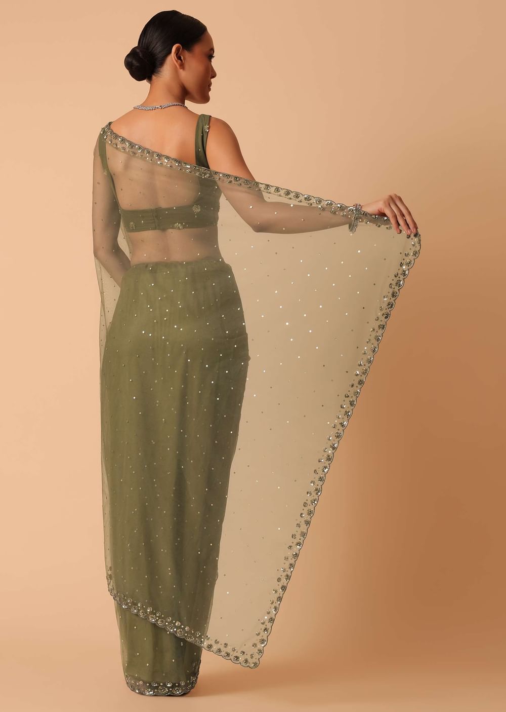Green Net Saree With Sequin Work And Unstitched Blouse Piece