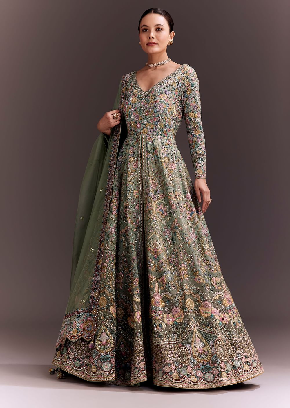 Green Ombre Embroidered Anarkali With Organza Dupatta
