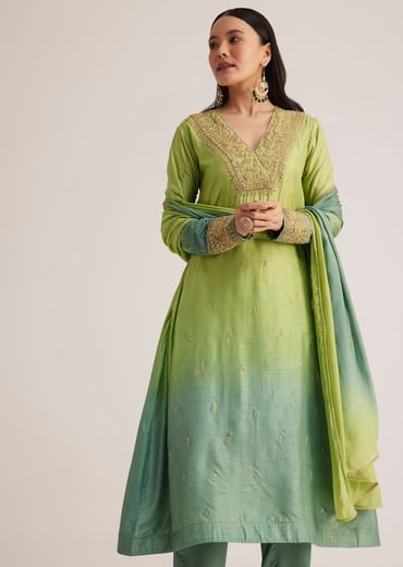 Green Ombre Embroidered Suit With Dupatta