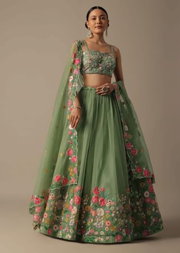 Green Organza Embroidered Lehenga Set With Floral Motifs