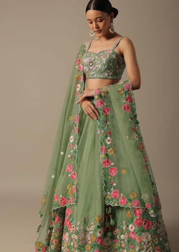 Green Organza Embroidered Lehenga Set With Floral Motifs