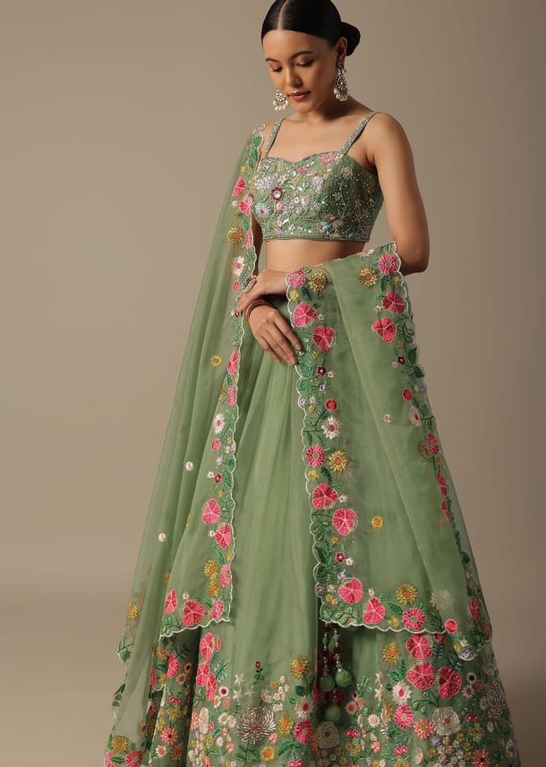 Green Organza Embroidered Lehenga Set With Floral Motifs