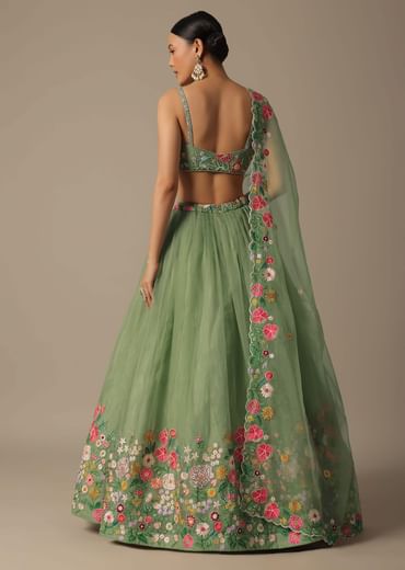 Green Organza Embroidered Lehenga Set With Floral Motifs