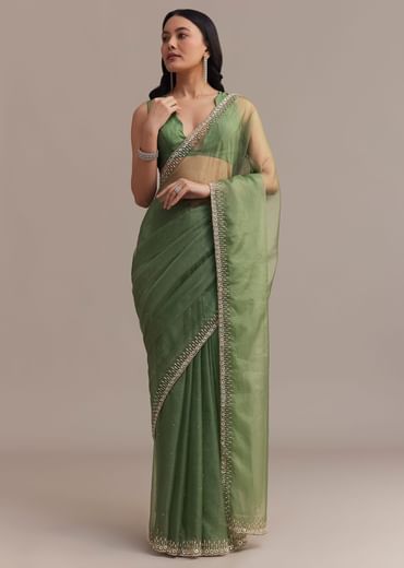 Green Organza Saree With Sequins And Cutdana Embellished Border
