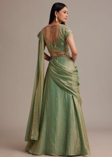 Green Organza Tissue Lehenga Set With Sequins And Bead Work