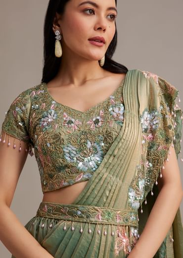 Green Organza Tissue Lehenga Set With Sequins And Bead Work