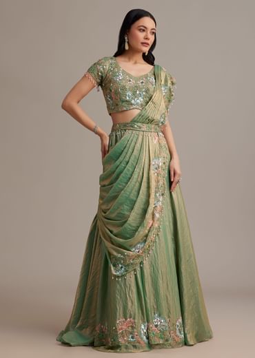 Green Organza Tissue Lehenga Set With Sequins And Bead Work