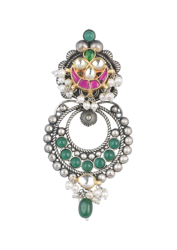 Green Oxidsed Earrings With Meenakari Detail And Floral Top Green Oxidsed Earrings With Meenakari Detail And Floral Top