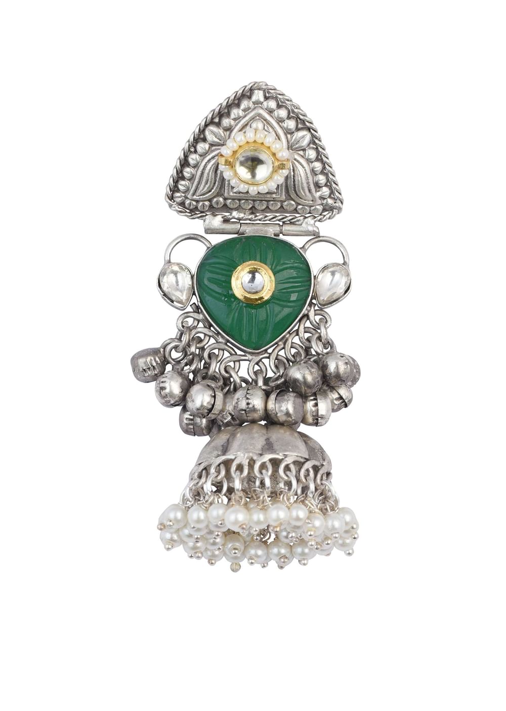 Green Oxidsed Jhumkas With Meenakari Work
