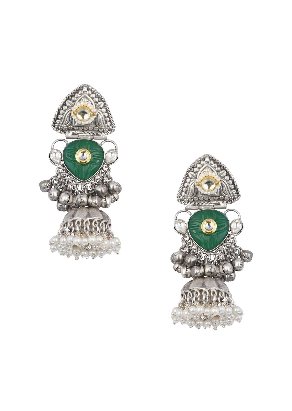 Green Oxidsed Jhumkas With Meenakari Work