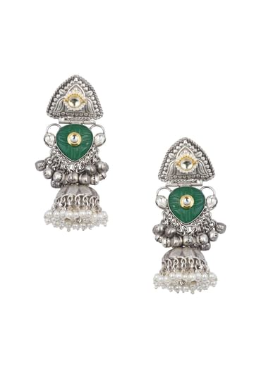 Green Oxidsed Jhumkas With Meenakari Work
