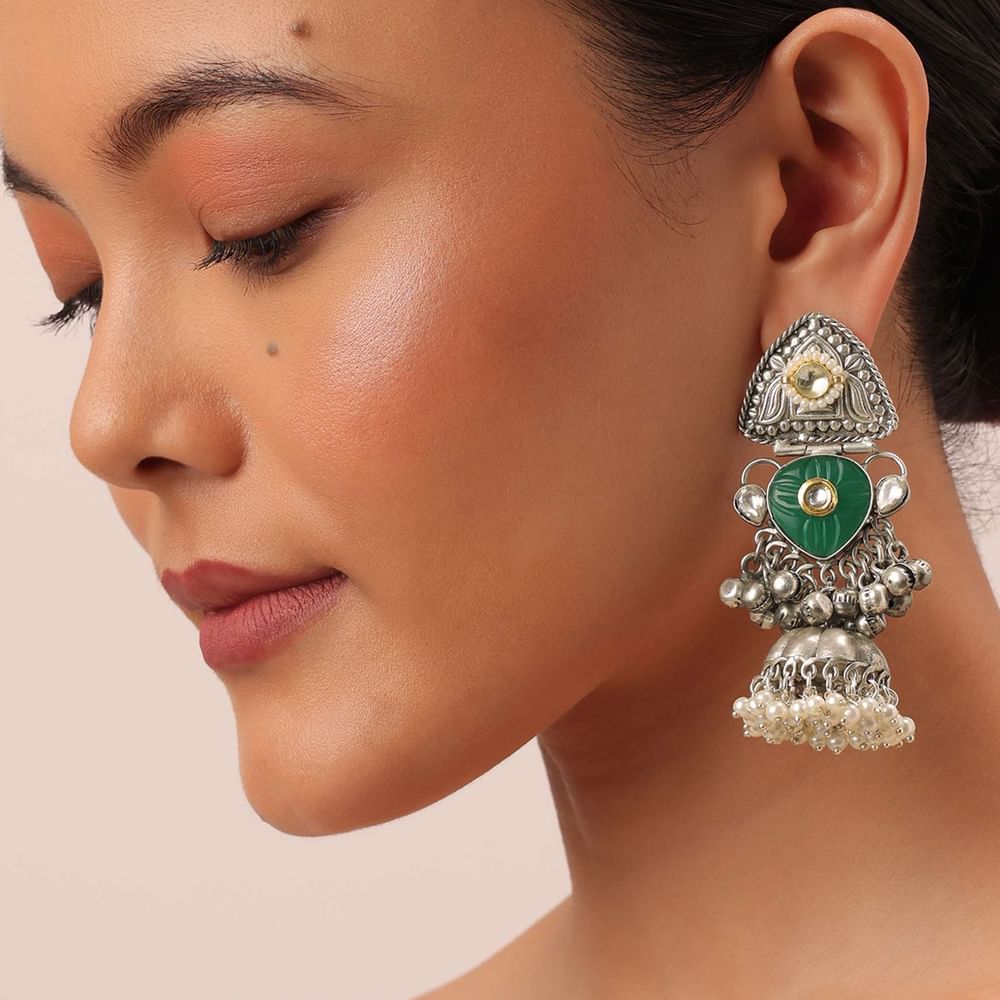 Green Oxidsed Jhumkas With Meenakari Work