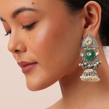 Green Oxidsed Jhumkas With Meenakari Work