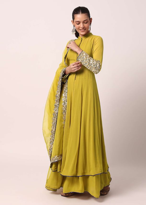 Green Palazzo Set With Embroidered Anarkali