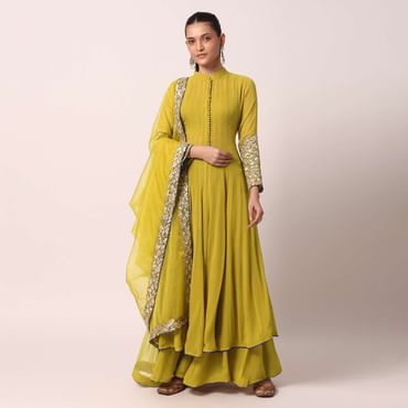 Green Palazzo Set With Embroidered Anarkali