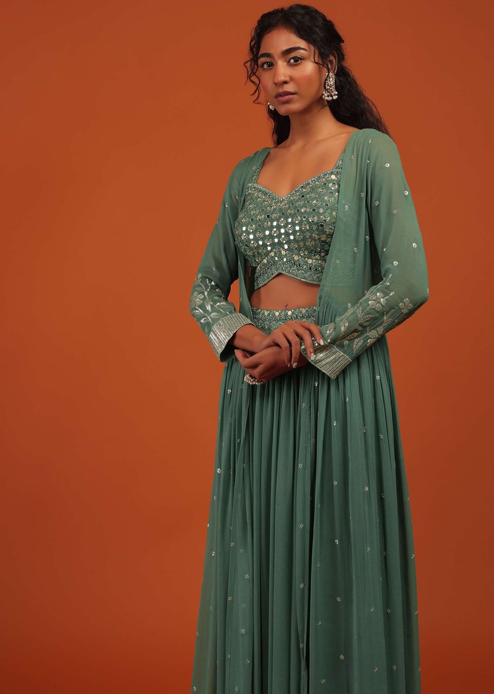 Green Palazzo Suit In Georgette With Machine Embroidery