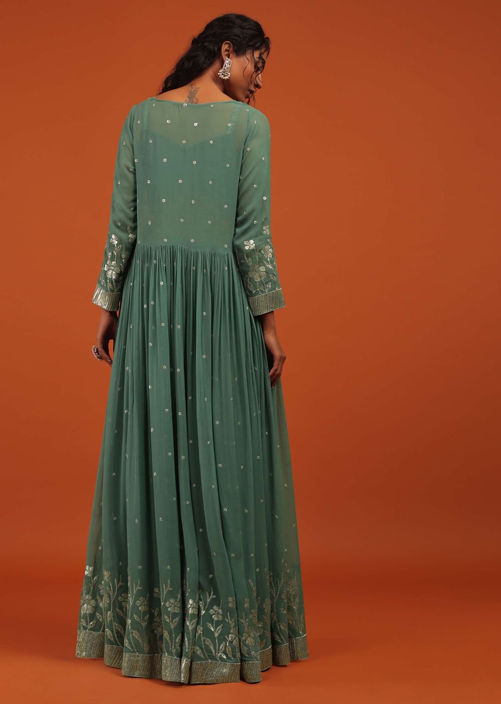Green Palazzo Suit In Georgette With Machine Embroidery