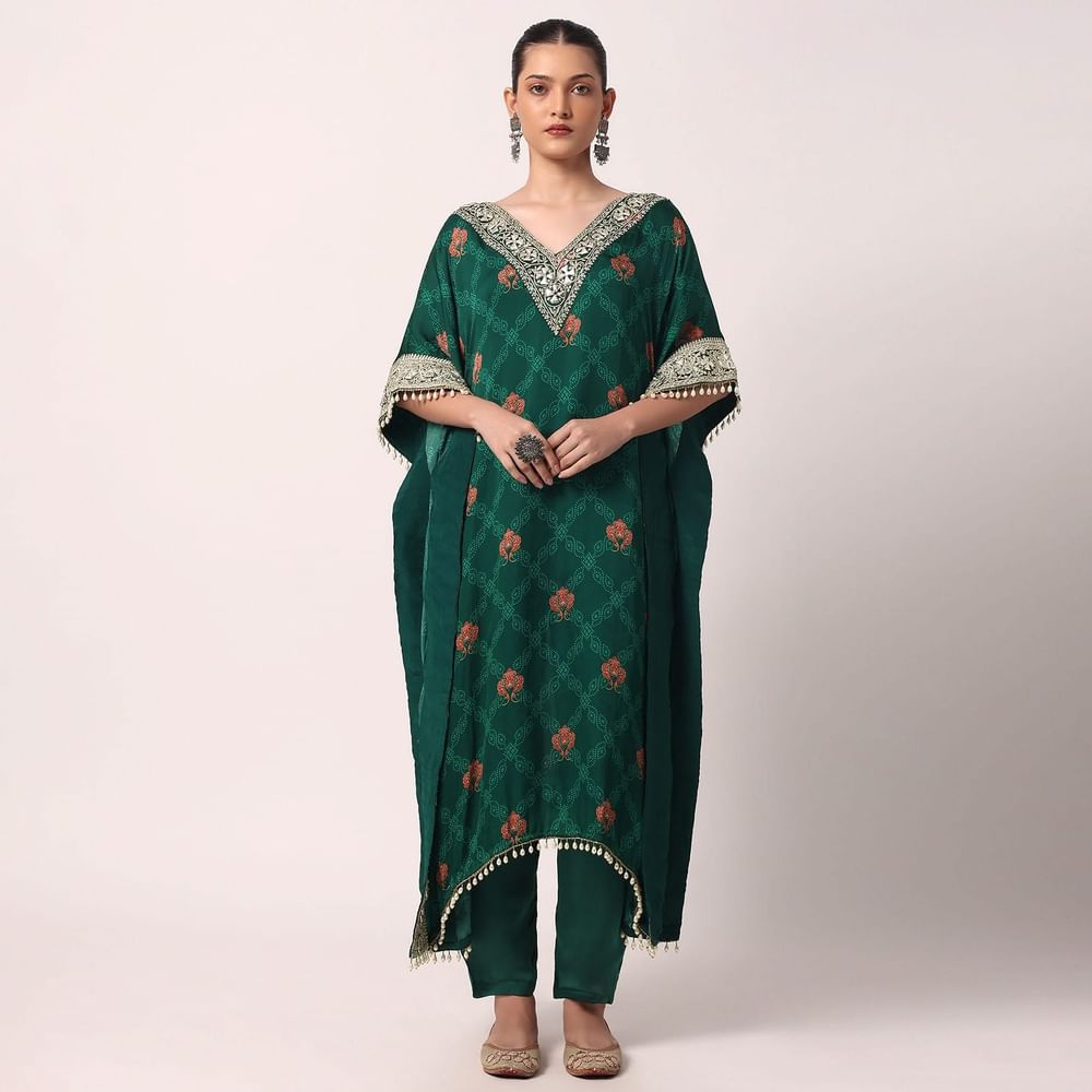 Green Pant Set With Gota Embroidered Kaftan Kurta