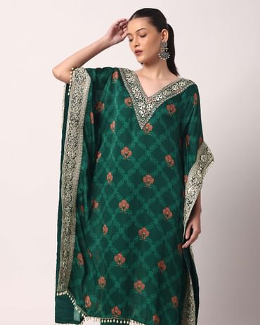 Green Pant Set With Gota Embroidered Kaftan Kurta