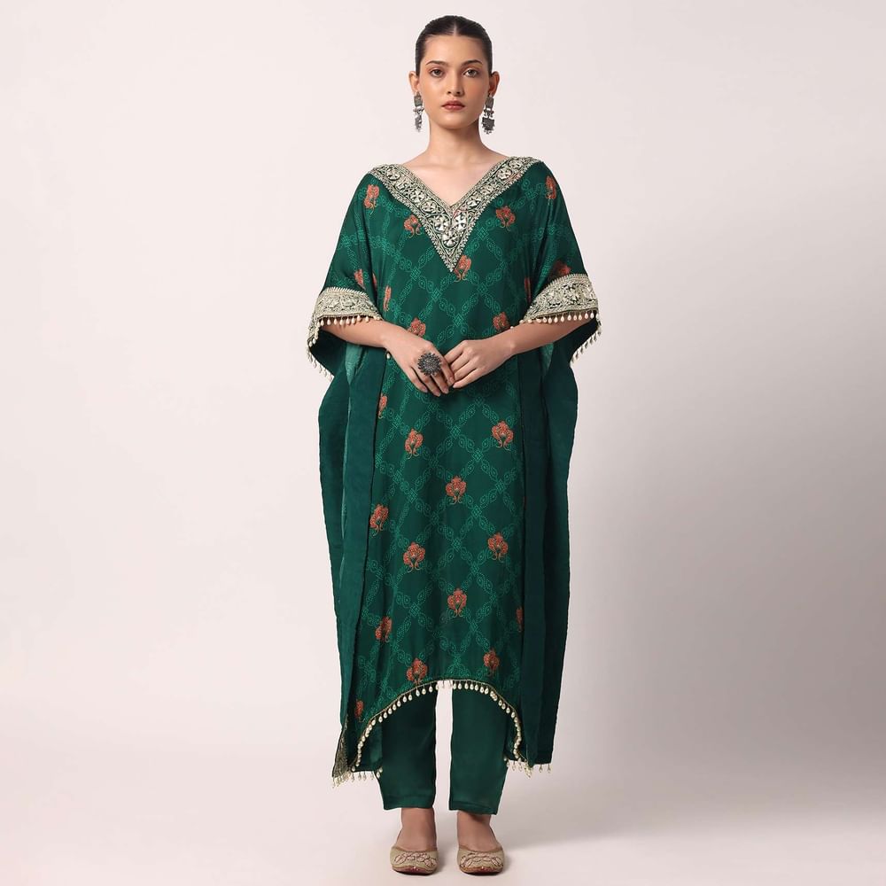 Green Pant Set With Gota Embroidered Kaftan Kurta