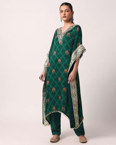 Green Pant Set With Gota Embroidered Kaftan Kurta
