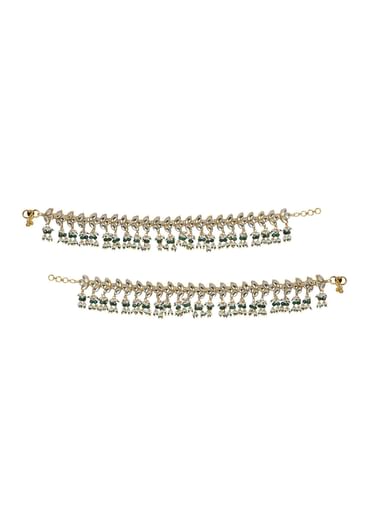 Green Payal With Kundan And Bead Drops - Set of 2