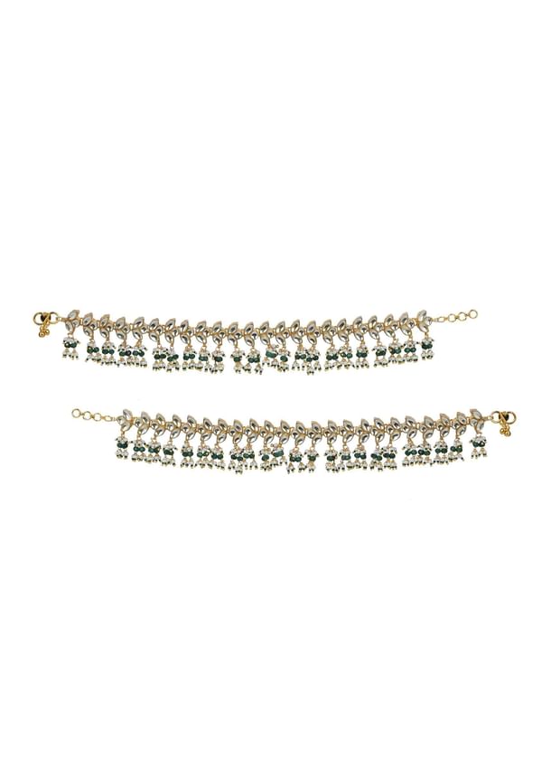 Green Payal With Kundan And Bead Drops - Set of 2 Green Payal With Kundan And Bead Drops - Set of 2