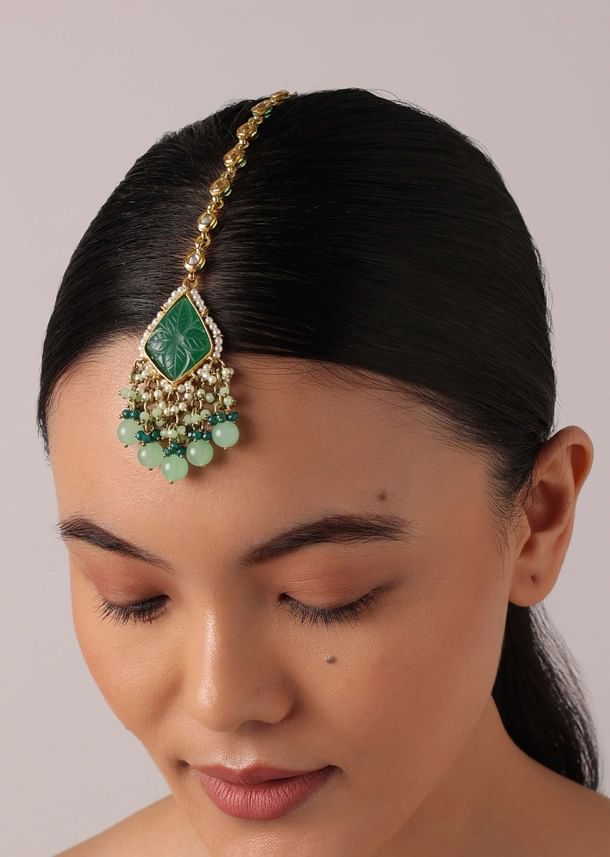 Green Pendant Choker Set With Bead Drops And Meenakari Work Green Pendant Choker Set With Bead Drops And Meenakari Work