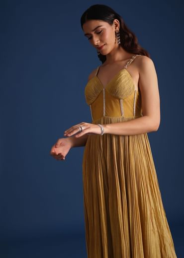 Green Pleated Jumpsuit With Cutdana Work