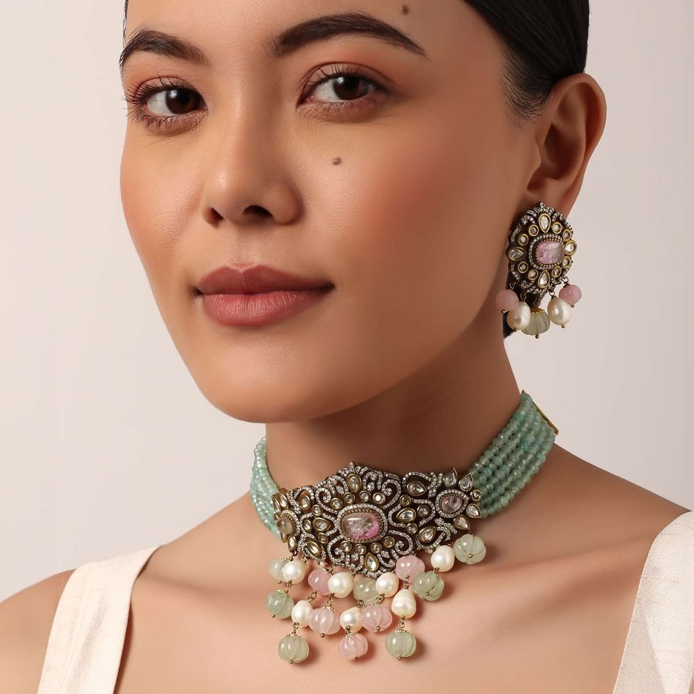 Green Polki Mossanite Choker Set With Green Beads