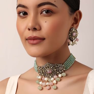 Green Polki Mossanite Choker Set With Green Beads