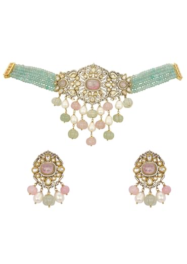 Green Polki Mossanite Choker Set With Green Beads