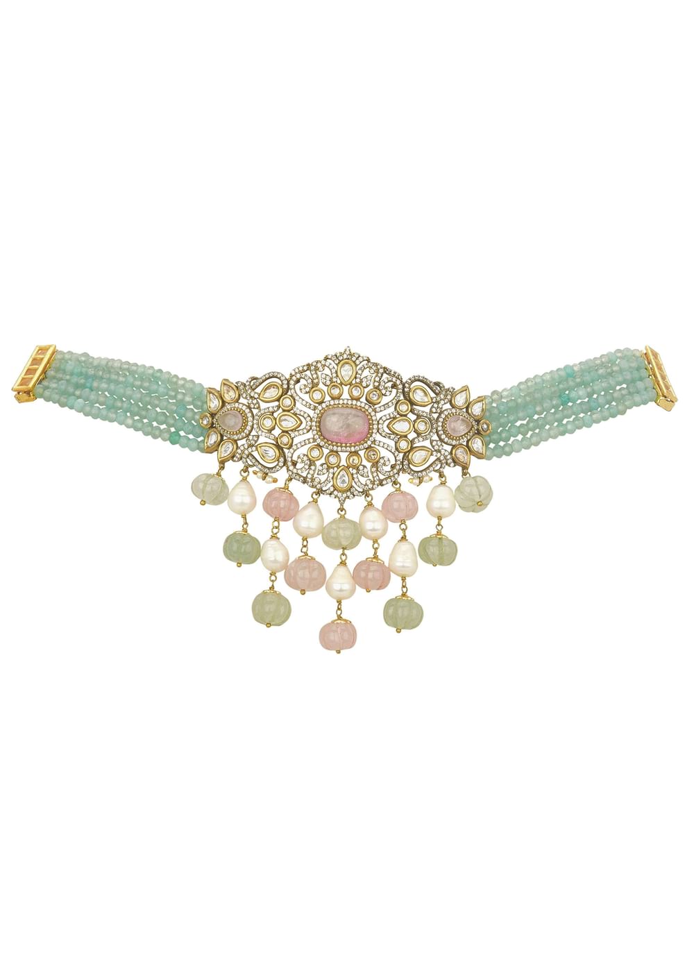 Green Polki Mossanite Choker Set With Green Beads