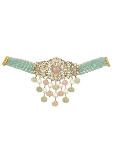 Green Polki Mossanite Choker Set With Green Beads