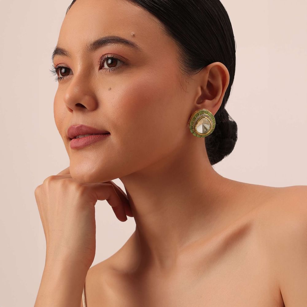 Green Polki Statement Studs With Enamel Detail