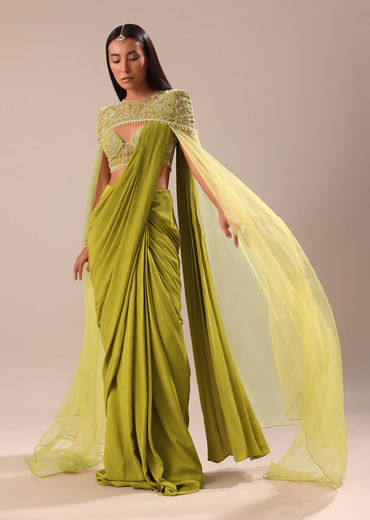 Green Pre Stitched Saree With Blouse And Zardozi Draped Cape