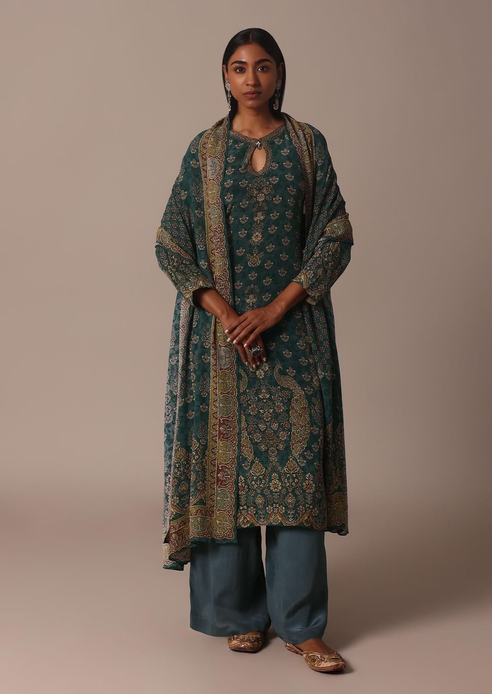 Green Printed Crepe With Stone Work Kurta Palazzo Set