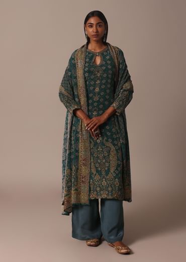 Green Printed Crepe With Stone Work Kurta Palazzo Set