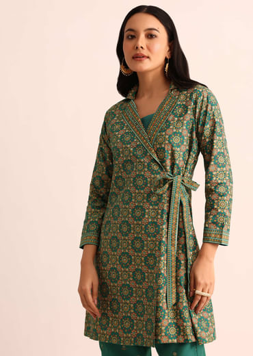 Green Printed Silk Kurta And Pant