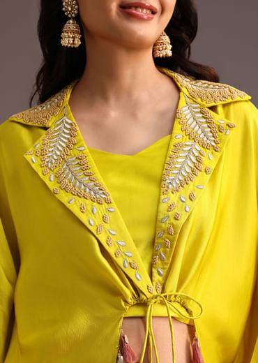 Lime Green Resham Work Palazzo Croptop Set With Jacket