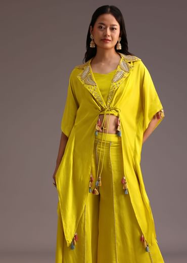 Lime Green Resham Work Palazzo Croptop Set With Jacket